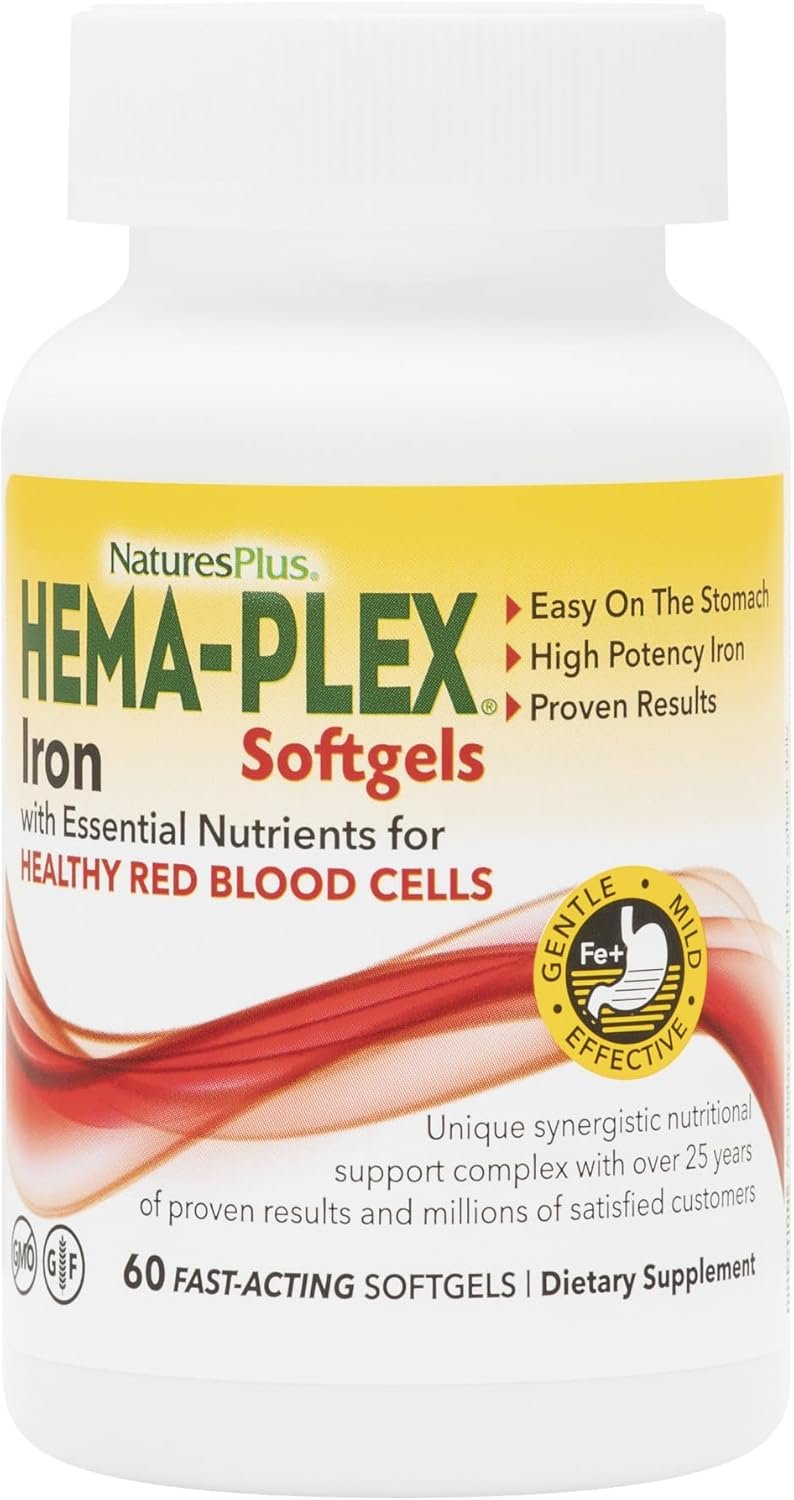 NaturesPlus Hema-Plex Iron – 60 Fast-Acting Softgels – 85 mg Iron + Vitamin C & Bioflavonoids for Healthy Red Blood Cells – Vegan, Gluten Free – 20 Servings
