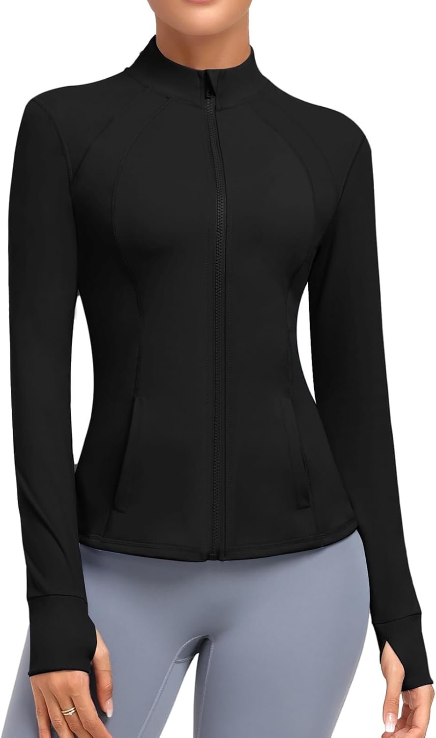 Women’s Athletic Full Zip Lightweight Workout Jacket With Pockets Running Slim Fit Yoga Sportwear With Thumb Holes