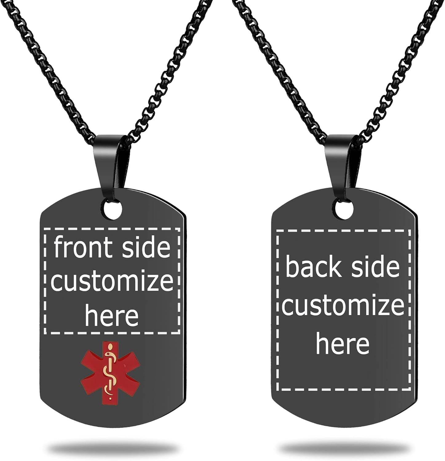 Medical Alert Necklace Free Custom Engraving Personalized Gift Black Polished Stainless Steel ID Tag Pendant for Men Women
